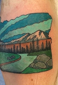 复古风格腿部彩色山区河流纹身图案