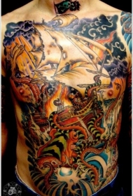 腹部惊人的彩绘章鱼攻击帆船纹身图案