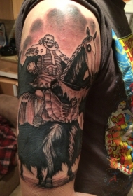 大臂黑灰风格骷髅骑手个性纹身图案