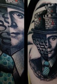 超现实主义风格城堡帽子与男人肖像纹身图案
