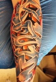 小腿彩色涂鸦字体纹身图案