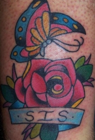 玫瑰和彩色蝴蝶纹身图案