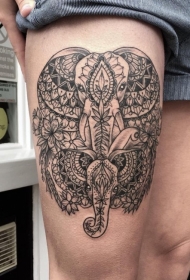 大腿美丽的黑色大象梵花纹身图案