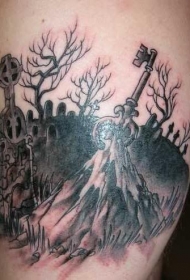 大臂黑暗的黑色墓地与神秘钥匙纹身图案