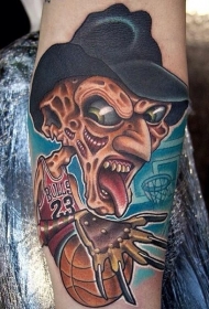 小臂彩色卡通怪物打篮球纹身图案