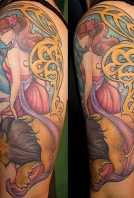 大臂卡通彩色女人与狮子纹身图案