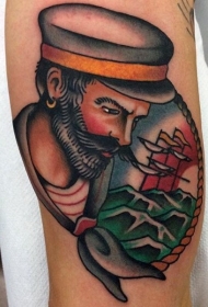 old school彩色老水手与海浪手臂纹身图案