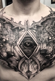 胸部雕刻风格黑色熊与箭头眼睛纹身图案