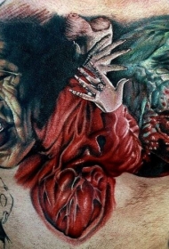 胸部彩色恐怖风格各种怪物心脏纹身图案