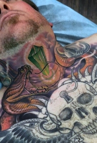 new school彩色胸部蛇与钻石骷髅纹身图案