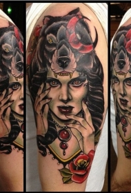 老派风格的彩色女人头像纹身图案