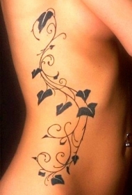 黑色植物藤蔓侧肋纹身图案