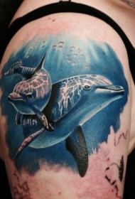 肩部逼真的照片像海豚纹身图案