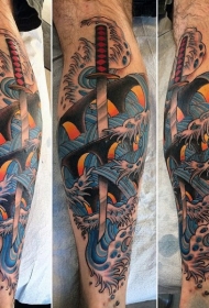 小腿亚洲风格彩绘剑和波浪纹身图案
