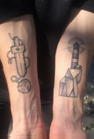 小臂黑色简约灯塔和木刀纹身图案