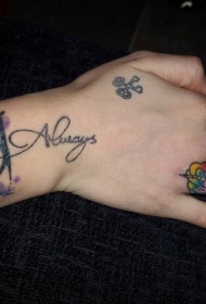 手部彩色大三角英文纹身图案