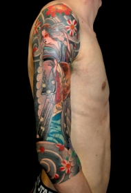 传统的亚洲风格彩色花朵和艺妓手臂纹身图案