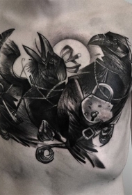 胸部new school乌鸦带锁纹身图案