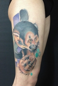 腿部新学校风格彩色滑稽猴纹身图案