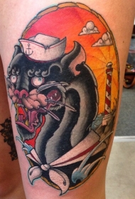 大腿日本风格彩色黑豹水手纹身图案