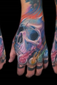 手背彩色未来主义骷髅和水母纹身图案