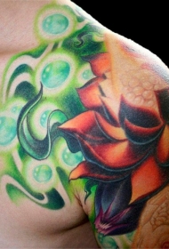 肩部美丽的彩色发光莲花纹身图案