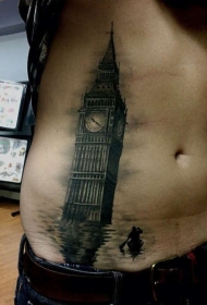 腹部黑色的钟楼在海面纹身图案
