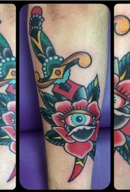 old school锋利的匕首与宝石玫瑰纹身图案