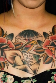 old school胸部信封花朵手纹身图案