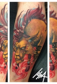 彩色卡通恶魔公牛小腿纹身图案
