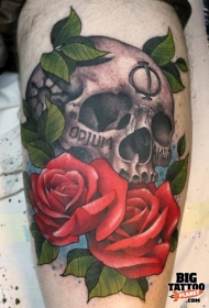 腿部彩色新风格神秘骷髅头纹身图案