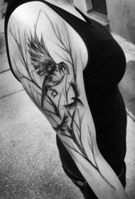 大臂奇妙的黑色素描风格树枝小鸟纹身图案