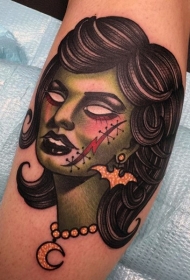 腿部老派风格彩色僵尸女子肖像纹身