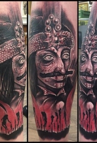 腿部彩色死亡人和男子脸部肖像纹身图案