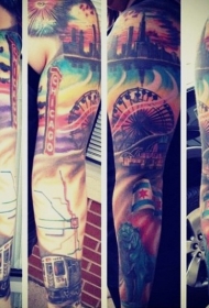 手臂彩色插画风现代城市景观纹身图案