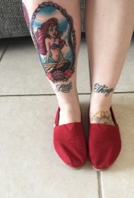 小腿卡通美人鱼肖像字母纹身图案