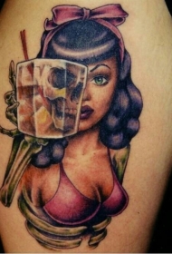 腿部彩色性感半骷髅半女孩纹身图片