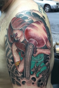 男士old school彩色女性肖像海浪纹身图案