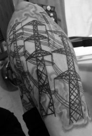 手臂简单的黑色高压线与云朵纹身图案