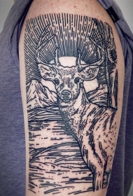 大臂黑色线条野生动物鹿个性纹身图案