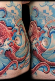 腹部卡通彩色大章鱼和波浪纹身图案