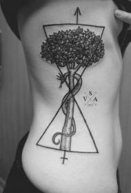侧肋黑色树与蛇和几何图形纹身图案