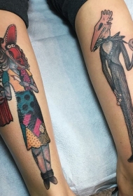 小腿old school鸟头怪物彩色纹身图案