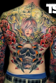 背部五彩令人毛骨悚然的怪物和骷髅纹身纹身图案
