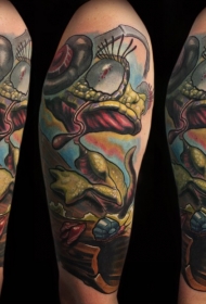 肩部现代风格滑稽彩色青蛙与耳机纹身