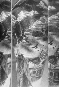 手臂惊人的西方主题房屋鹰和人像纹身图案