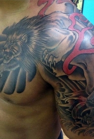 日本传统黑白狮子半甲纹身图案