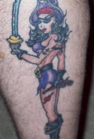 腿部彩色性感海盗女孩纹身图案