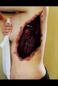 侧肋3D撕皮彩绘邪恶恶魔纹身图案