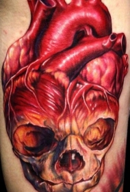 腿部彩色骷髅心脏纹身图案